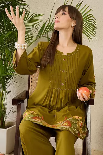 Olive rayon a-line kurta with palazzos