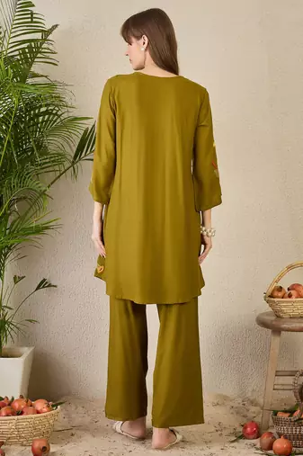 Olive rayon a-line kurta with palazzos
