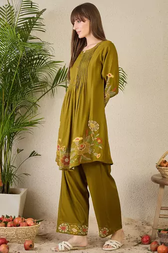 Olive rayon a-line kurta with palazzos