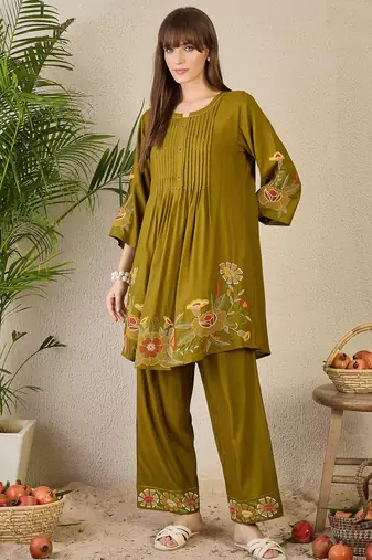 Olive rayon a-line kurta with palazzos