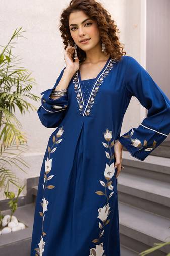 Blue rayon a-line kurta with palazzos