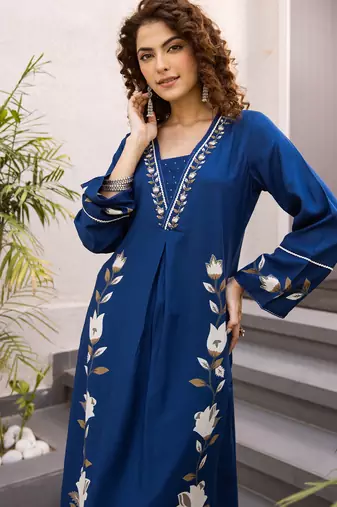 Blue rayon a-line kurta with palazzos