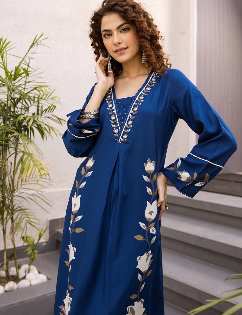 Blue rayon a-line kurta with palazzos