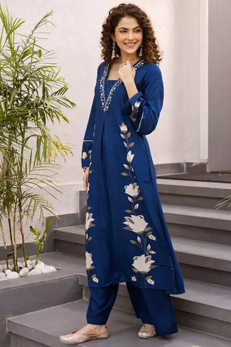 Blue rayon a-line kurta with palazzos