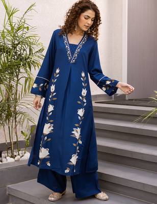 Blue rayon a-line kurta with palazzos 4