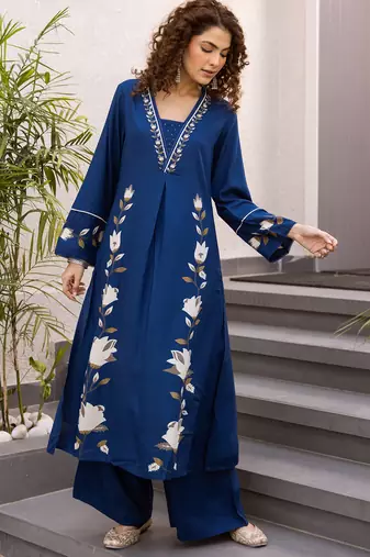 Blue rayon a-line kurta with palazzos