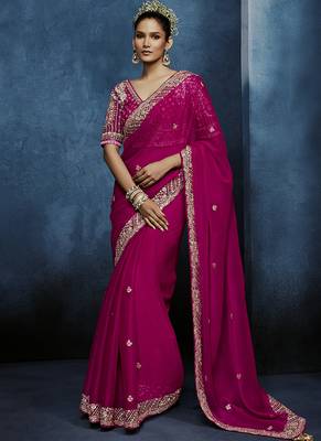 rani pink pure based fancy fabric embroidery saree 1