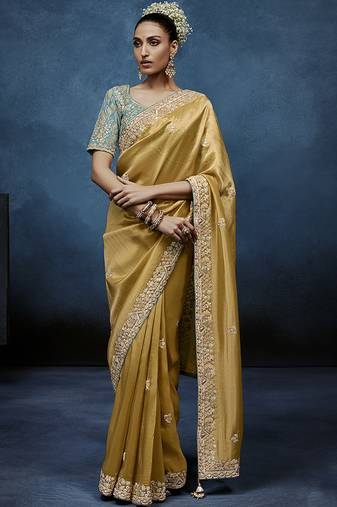 mustard pure based fancy fabric embroidery saree