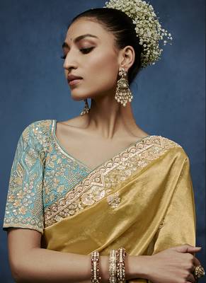 mustard pure based fancy fabric embroidery saree 3