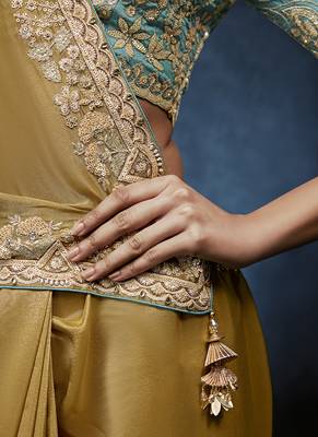 mustard pure based fancy fabric embroidery saree 4
