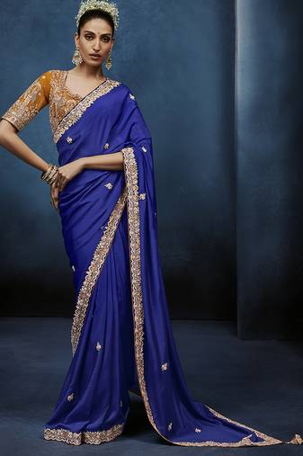 blue pure based fancy fabric embroidery saree