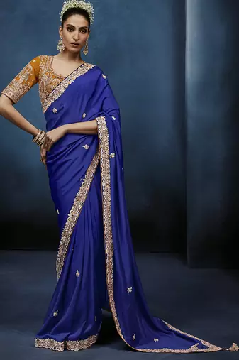 blue pure based fancy fabric embroidery saree