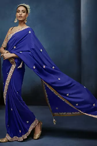 blue pure based fancy fabric embroidery saree