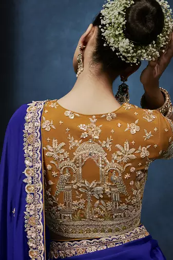 blue pure based fancy fabric embroidery saree