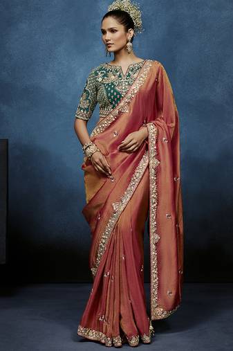 peach pure based fancy fabric embroidery saree