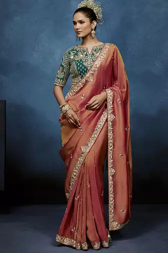 peach pure based fancy fabric embroidery saree