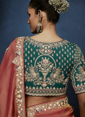 peach pure based fancy fabric embroidery saree 4