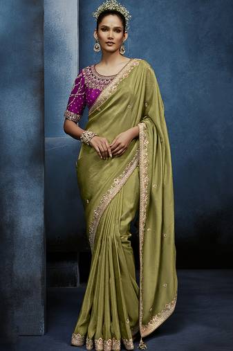 olive pure based fancy fabric embroidery saree