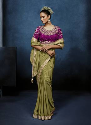 olive pure based fancy fabric embroidery saree 2