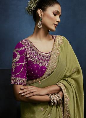 olive pure based fancy fabric embroidery saree 3