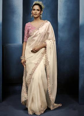 off-white pure based fancy fabric embroidery saree 1