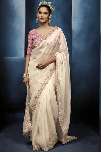 off-white pure based fancy fabric embroidery saree