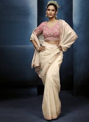 off-white pure based fancy fabric embroidery saree 2