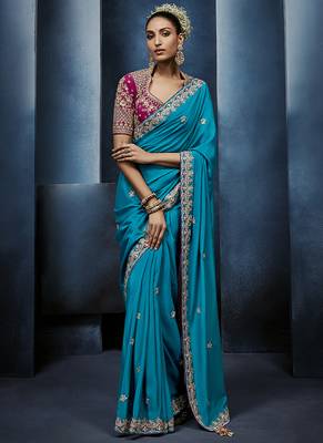 sky blue pure based fancy fabric embroidery saree 1