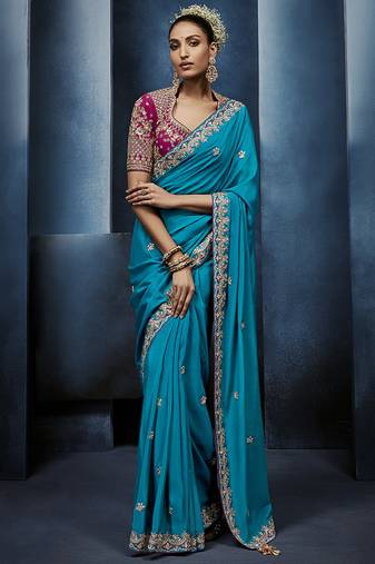 sky blue pure based fancy fabric embroidery saree