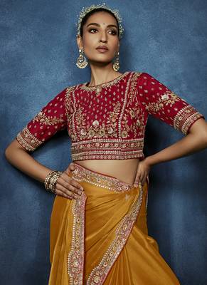 orange pure based fancy fabric embroidery saree 4