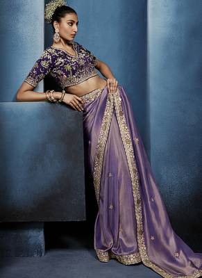 lavender pure based fancy fabric embroidery saree 2