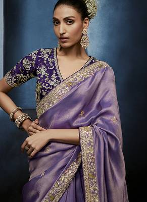 lavender pure based fancy fabric embroidery saree 5