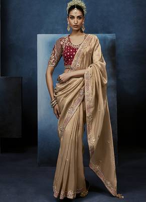 beige pure based fancy fabric embroidery saree 1