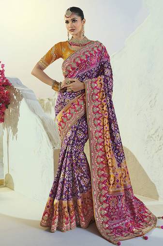 purple pure patan patola silk blend saree in heavy hand work mirror cut dana & moti design