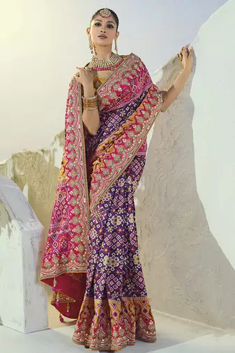 purple pure patan patola silk blend saree in heavy hand work mirror cut dana & moti design