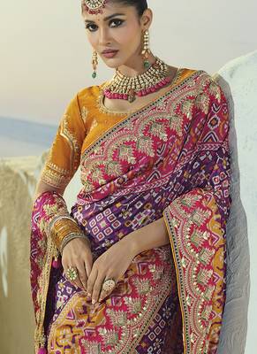 purple pure patan patola silk blend saree in heavy hand work mirror cut dana & moti design 3