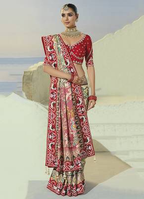 cream pure patan patola silk blend embroidery saree 2