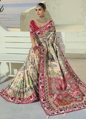 cream pure patan patola silk blend embroidery saree 3