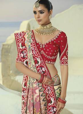cream pure patan patola silk blend embroidery saree 4