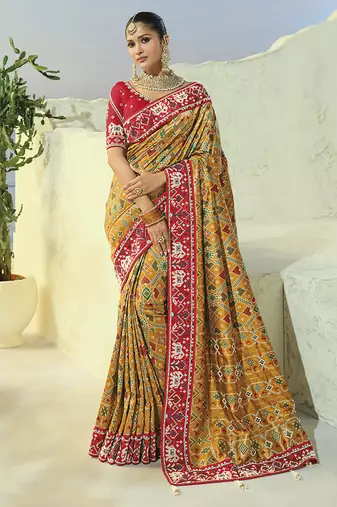 yellow pure patan patola silk blend saree for wedding & festivals