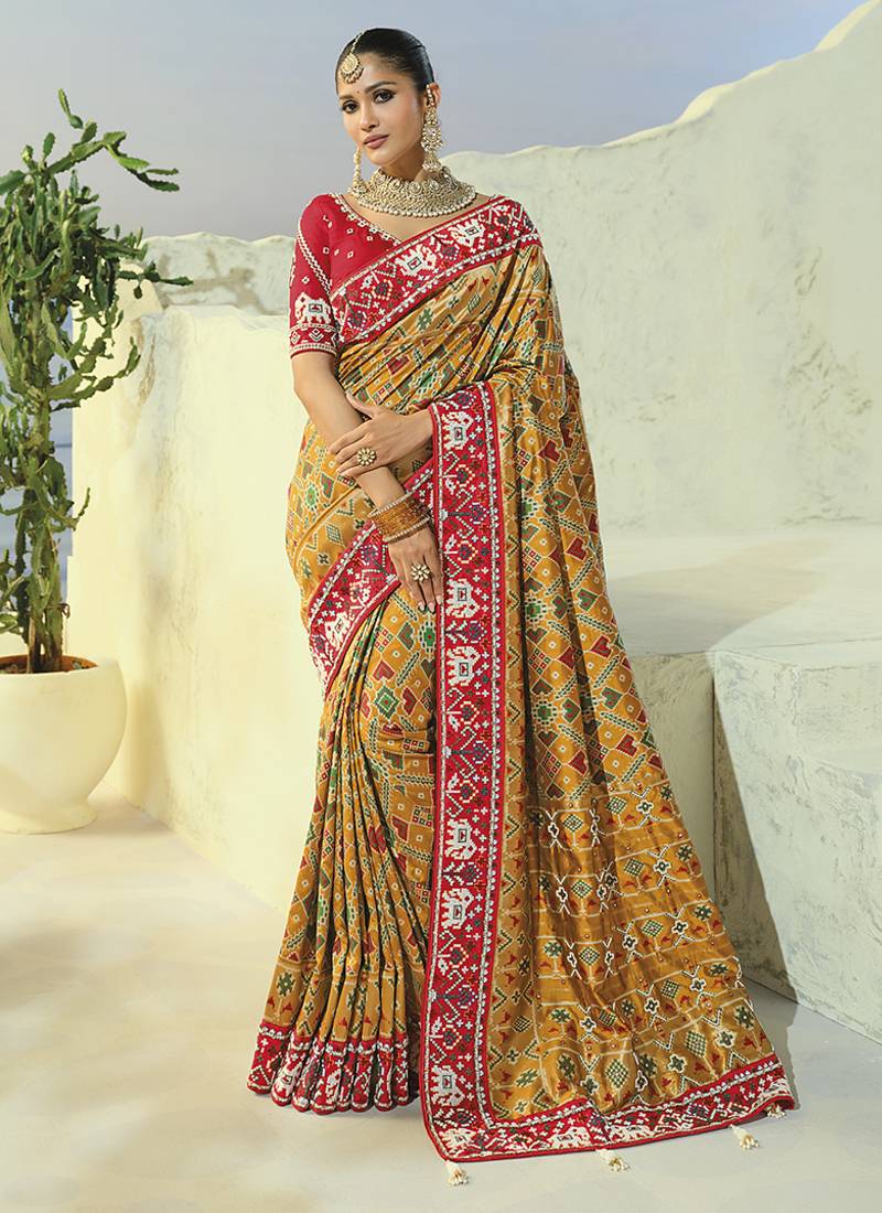 yellow pure patan patola silk blend saree for wedding & festivals