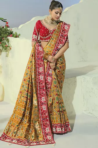 yellow pure patan patola silk blend saree for wedding & festivals