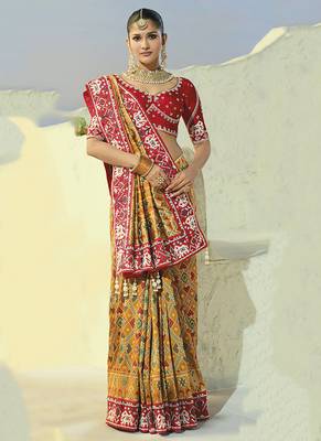 yellow pure patan patola silk blend saree for wedding & festivals 3