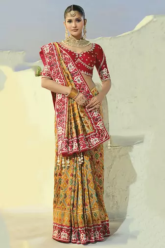 yellow pure patan patola silk blend saree for wedding & festivals