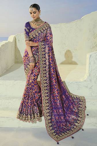 purple pure patan patola silk blend saree with mirror & heavy moti handwork