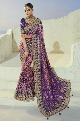 purple pure patan patola silk blend saree with mirror & heavy moti handwork