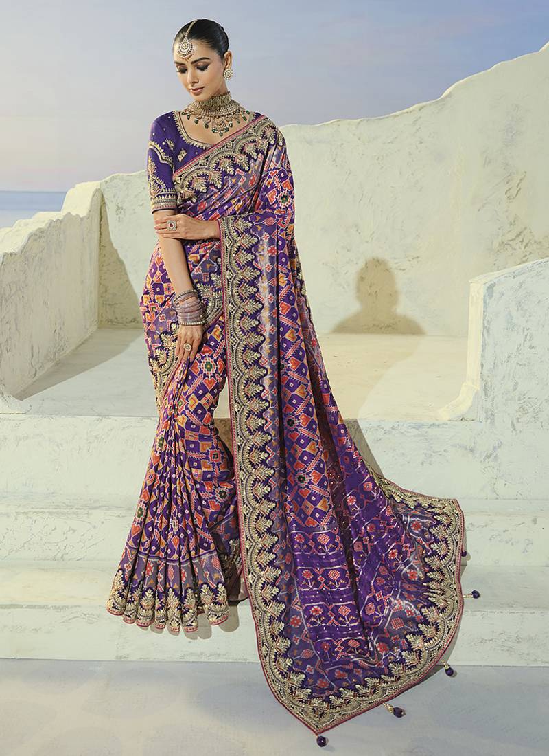 purple pure patan patola silk blend saree with mirror & heavy moti handwork