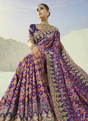 purple pure patan patola silk blend saree with mirror & heavy moti handwork 2