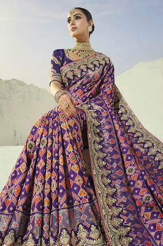 purple pure patan patola silk blend saree with mirror & heavy moti handwork
