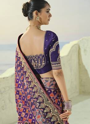 purple pure patan patola silk blend saree with mirror & heavy moti handwork 3